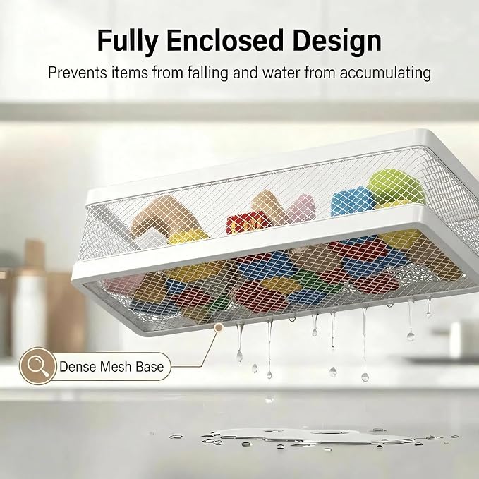 PUSDON 5-in-1 16.5" Extra Long Slim Wall Mount Wrapped Mesh Kitchen Organizer & Shower Caddy Kit, with Paper Towel Holder, Utensil Holder, Soap Dish, Holds 50LBS - White, Netting