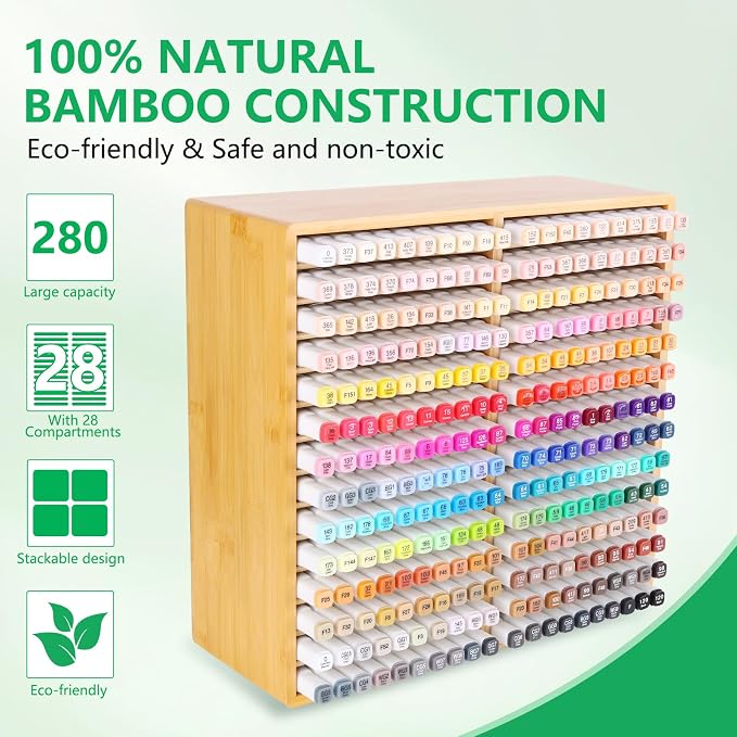 walowalo Bamboo Marker Organizer Markers 280pcs Markers Pen Holder Art Supply Pencil Storage Organizer with 28 Compartments All-in-One Marker Storage for Office Home (Holds up to 280pcs Markers)