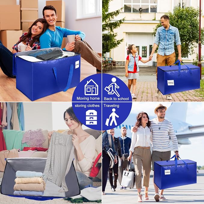 6 Pack Extra Large Heavy Duty Moving Bags with Reinforced Zippers & Wide Carry Handles, Durable Storage Totes for Clothes Packing, Dorm Moves & Home Organization, Blue