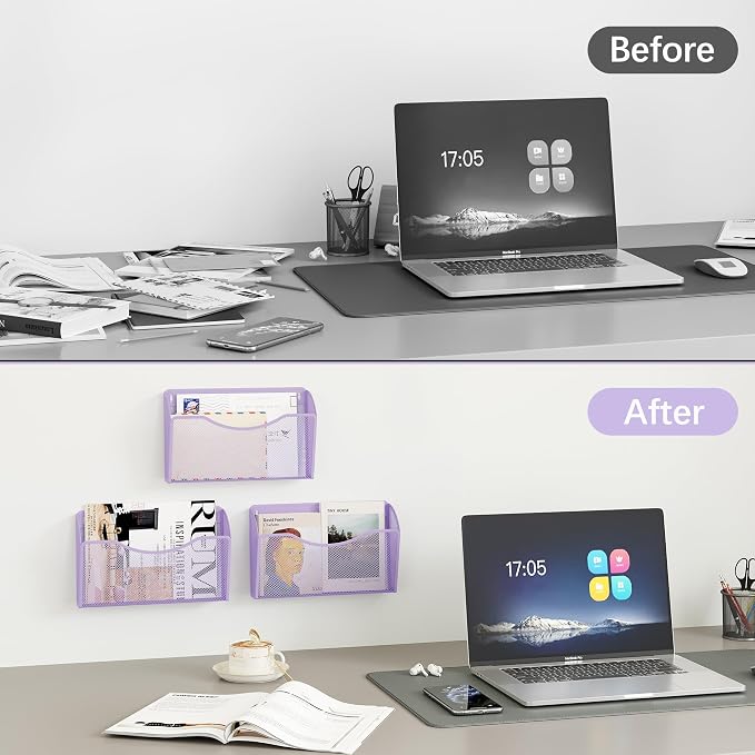EasyPAG Wall File Organizer, Metal Mesh Hanging File Folder Holder for Letter/A4 Size Folders, Vertical Wall Mount Mail Sorter for Office Paperwork, Classroom, Purple