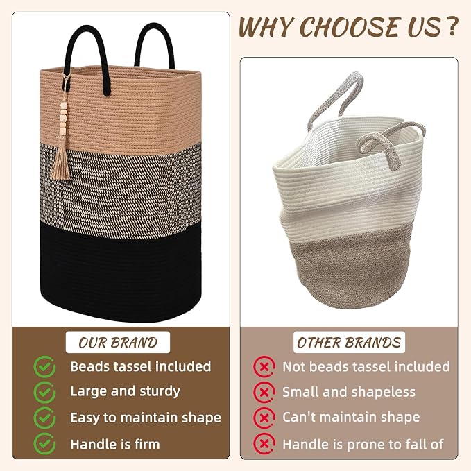 Woven Laundry Basket for Clothes, 65L Large Rectangle Laundry Hampers with Beads Tassel, Nursery Storage Basket for Toys, Tall Dirty Clothes Hamper for Bedroom Aesthetic, Laundry Room Organization
