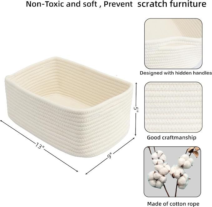 XUANGUO Small Woven Storage Baskets 13“X9”X5“ Decorative Rope Bins for Organizing Shelves, Closets, and Toys, Empty Gift Baskets, Cute Organizer Basket for Home and Office White Large