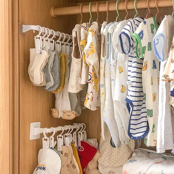 Kid Pants Hanger Organizer with 10 Clips - White & Plastic | Baseball Cap Display Holder, Closet Rail Wall Mounted Door Rack for Drying Baby Socks, Towel, Hats, Toddler Leggings