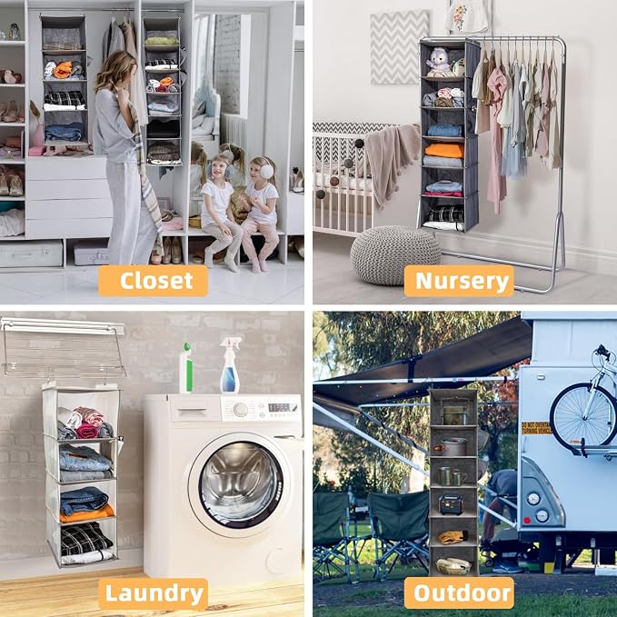 2 Packs Hanging Closet Organizer, 6-Shelf Closet Organizers and Storage with Side Pockets, Collapsible Hanging Shelves for Closet & RV & College Dorm,Black