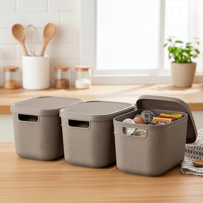 BINO | Plastic Storage Bins with Lids, 5.5 Liter - 3 Pack, Taupe | THE TWILL COLLECTION | Plastic Bins for Organization | Woven Storage Baskets for Organizing | Pantry Shelf Organizer Basket Bin