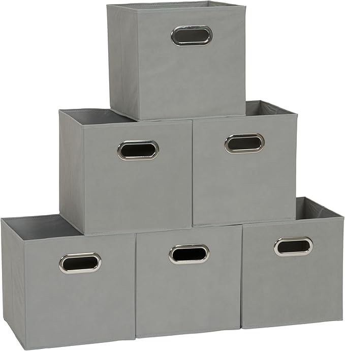 Household Essentials Fabric Storage Bins in Strong Poly‑Woven Fabric, Sturdy Chipboard Sides, Grommet Front Handle, Dove Gray Finish, Set of 6