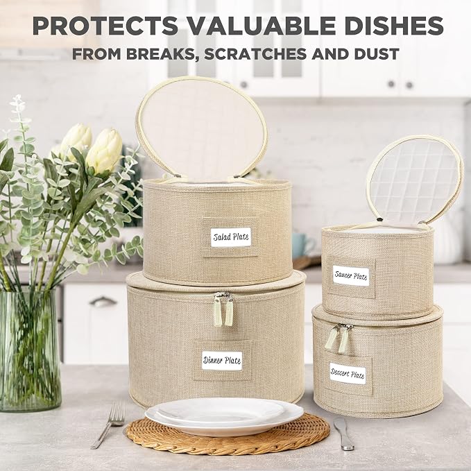 LotFancy China Storage Containers, Hard Shell, 4PCS Set, Dish Saucer Plate Storage Box for Moving, Stackable Dinnerware Organizer Bins with 48 Felt Dividers, Beige