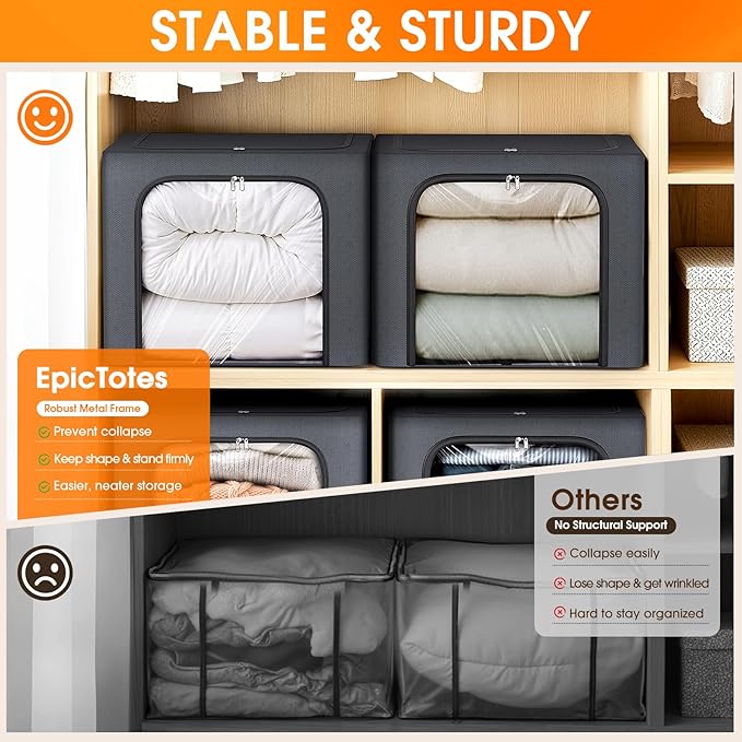 4 Pack Clothes Storage Bins with Metal Frame, 40L Foldable Fabric Storage Boxes with Clear Window, Front & Top Zipper Openings, Stackable Organizer Bins with Handles for Closet & Bedroom (Light Grey)