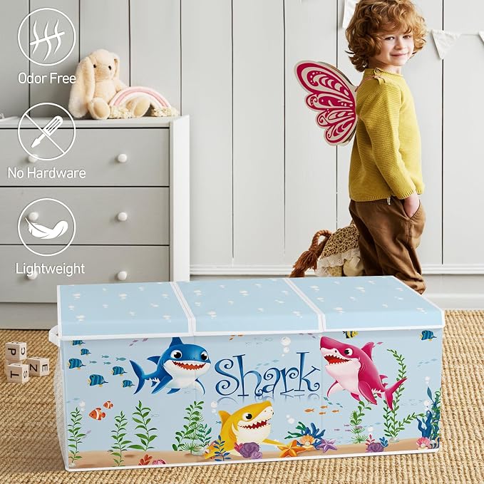 Extra Large Collapsible Toy Box with Lids, Sturdy Storage Organizer for Kids, 38"x16"x13" Toy Chest for Playroom, Nursery, Bedroom, Living Room (Sharks)