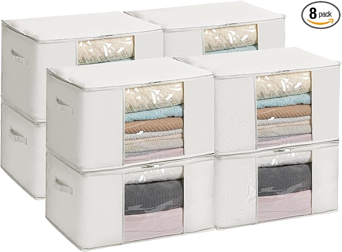 TYEERS Large Storage Bags with Zipper and Clear Window, Cotton Blended Fabric Storage Containers for Seasonal Clothes and Bedding, 23.6x15.7x13.8 Inches, 8-Pack, Beige