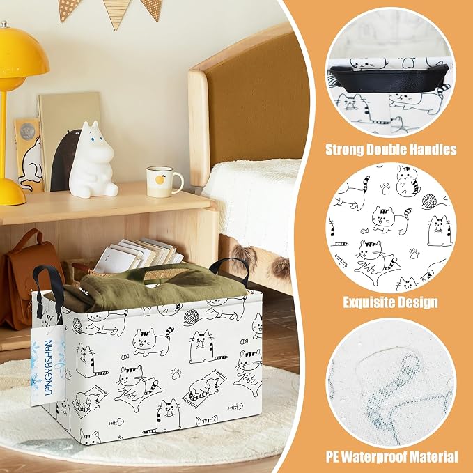 Rectangular Collapsible Cat Storage Basket Nursery Toy Organizer | Storage Bin Foldable Canvas with Handles for Organizing Home Kitchen Children Toys Office Closet Shelf Baskets