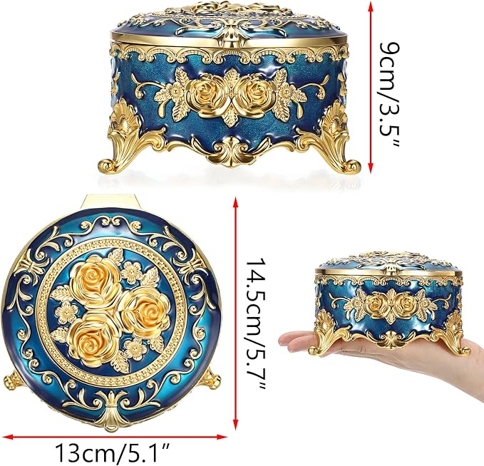 Hipiwe Vintage Jewelry Box Metal Keepsake Box Round Treasure Storage Case for Ring Earrings Necklace Holder Wedding Birthday Gift for Woman, Blue, 5.7" L x 5.1" W x 3.5" H
