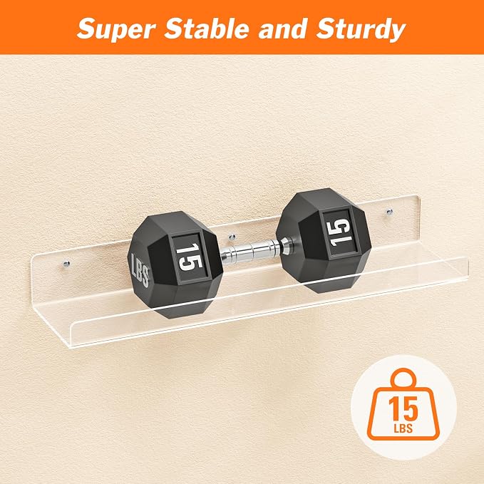 Dooiclear 2 Pack Floating Shelves for Wall, 15" Clear Floating Wall Shelf | Acrylic Book Shelf, Display Shelves Organizer for Bathroom, Classroom, Bedroom, Living Room, Kitchen, Room Decor