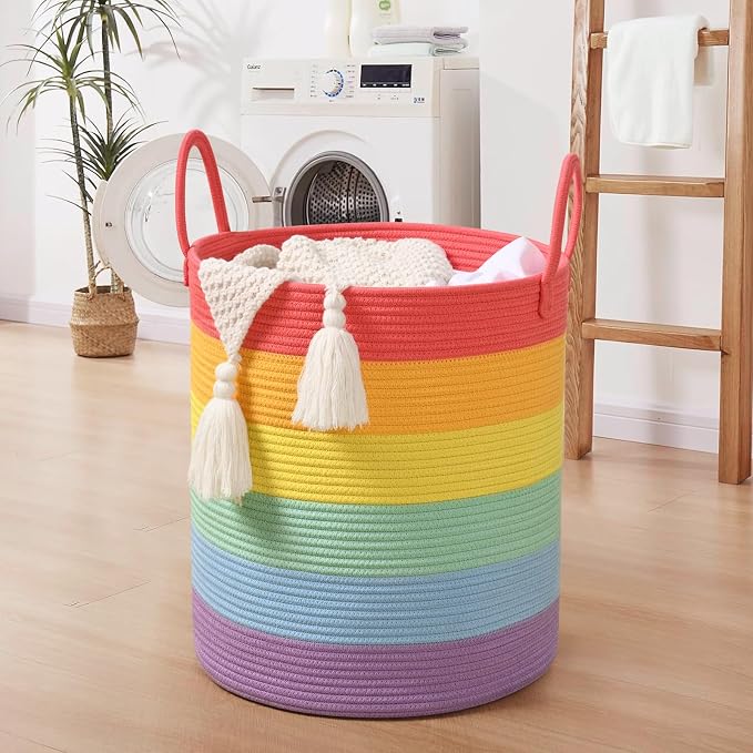 Laundry Hamper for Organizing, 52L Large Laundry Baskets, Cotton Rope Woven Blanket Basket, Collapsible Laundry Hamper for Living Room, Nursery, 15"×18", Rainbow