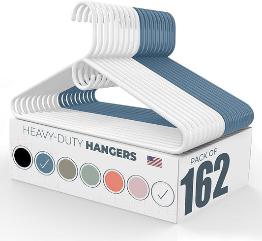 Heavy Duty Clothes Hangers 100+ Pack (162 Count) – Made in the USA – 8lb Capacity Plastic Hangers for Adult Clothing – Durable for Pants, Coats, Jackets, or Jeans – White & Blue