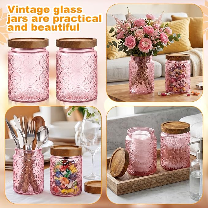 LemonRoad 4 Pcs Vintage Pink Glass Storage Jars 23.7 oz Mason Jar Canister with Wood Lids Food Storage Container for Cookie, Pantry, Candy Kitchen, Coffee, Tea, Flour, Sugar, Decorative Home Decor