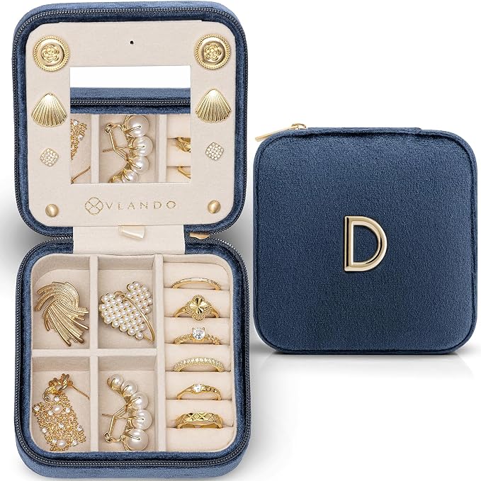 VLANDO Wedding Gifts for Women, Jewelry Box, Bridal Shower, Bridesmaid, Bride Gifts, Bridesmaid Proposal Wedding Gifts, Personalized Jewelry Case - Letter D, Dark Blue