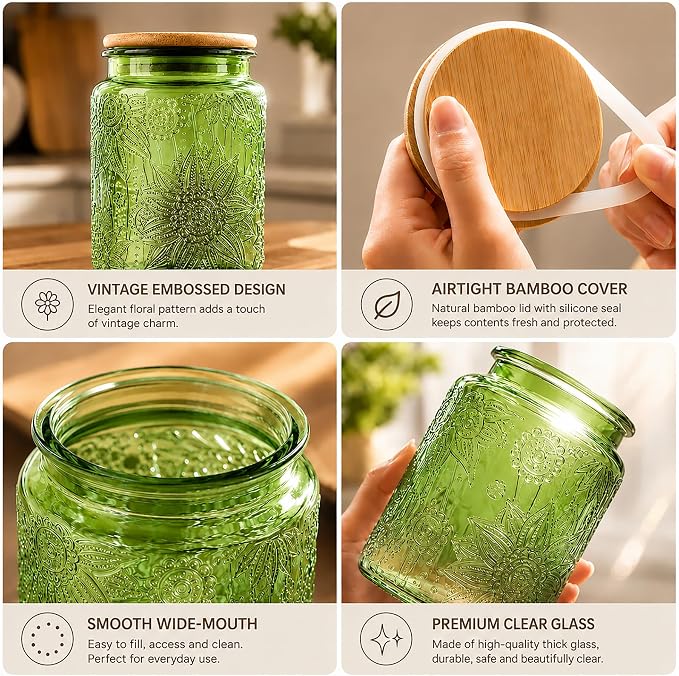 Custde Glass Storage Jars With Airtight Lid, 35oz Canister For Kitchen Counter with Bamboo Lid, brown sugar, candy, coffee, cookie, salt, tea,pantry cute Jar (Green, 35 fl oz)