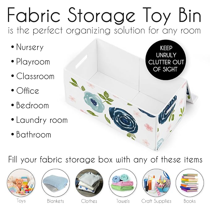 Sweet Jojo Designs Navy Blue Watercolor Floral Girl Small Fabric Toy Bin Storage Box Chest For Baby Nursery or Kids Room - Blush Pink, Green and White Shabby Chic Rose Flower