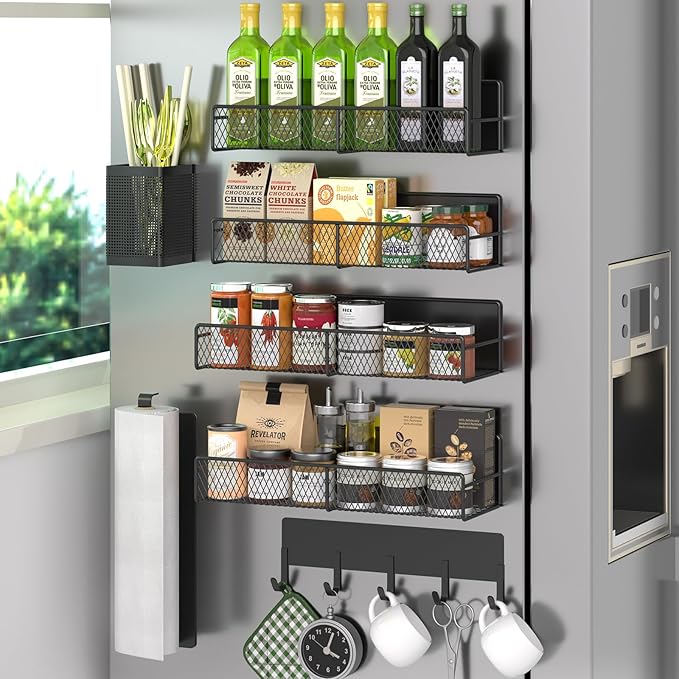 DTUQYX Magnetic Spice Rack for Refrigerator, 7 Pack Metal Shelf Black , Moveable Organizer with Hook Rack, Paper Towel Holder, Kitchenware Strong Storage Fridge