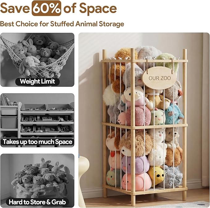Brelley Stuffed Animal Storage Wood Toy Storage Organizer | Montessori Educational Materials Toy Chest Stuffed animal holder for Kids Nursery Playroom Bedroom
