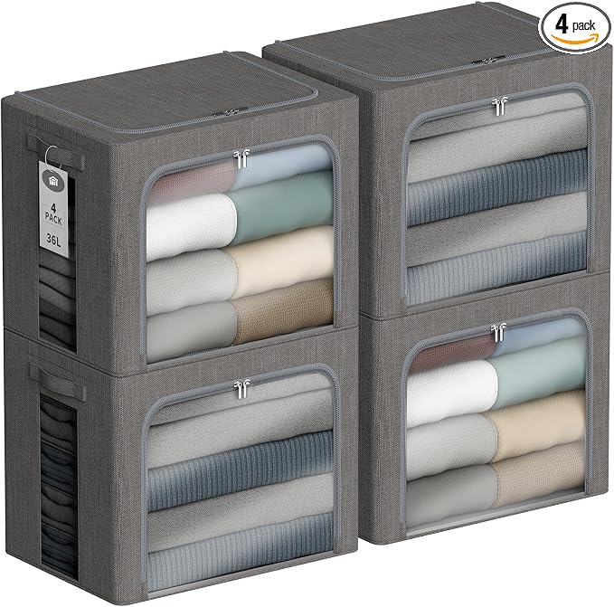 4 Pack Clothes Storage Bins with Metal Frame - 36L Stackable Storage Box with Lid，Foldable Storage Container Organizer for Clothes，Linen Fabric Storage Box with Clear Window＆Zippers＆Handles