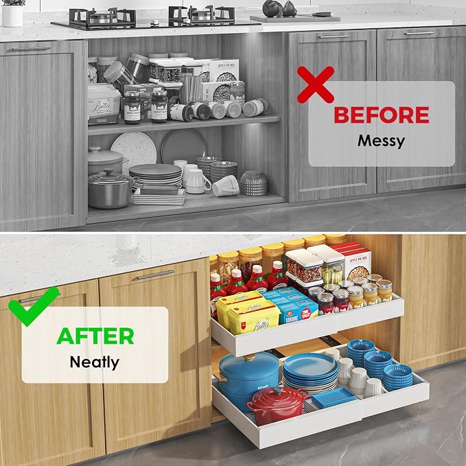 Pull Out Cabinet Organizer, 1PC 21" Deep Expandable (12.2"-20") Heavy Duty Pull Out Drawers for Cabinets Fixed with Adhesive Film, Peel Stick Slide Out Drawers for Kitchen Pantry, No Screw, White