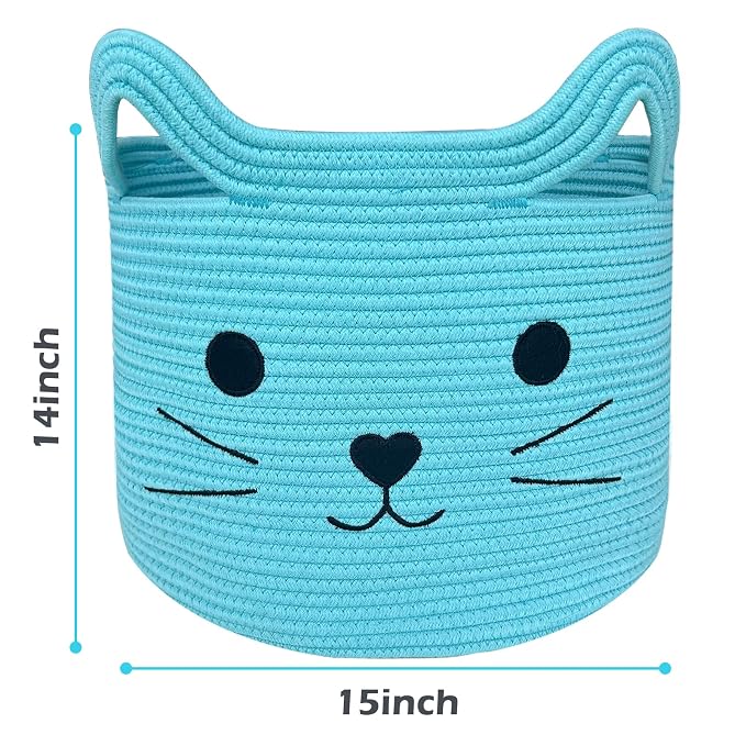 VK VK·LIVING Large Cat Toy Basket with Handles 15"Lx14"H Cotton Rope Toy Box with Cat Design, Cute Animal Basket for Laundry, Baby, Towels, Blankets, Woven Cotton Rope Storage Organizer Blue