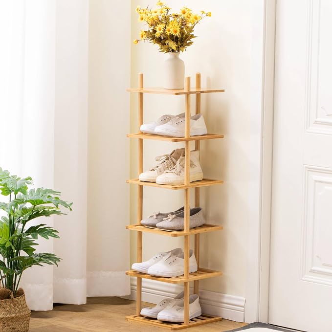 6-Tier Vertical Shoe Rack - Tall Narrow Shoe Rack Organizer for Small Spaces,Bamboo Shoen Shelf for Entryway,Closet,Corner,Doorway,Skinny Shoe Shelf Space Saving Shoe Storage (Natural, 6-Tier)