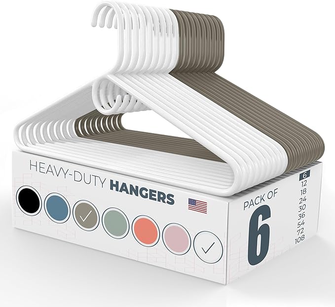 Heavy Duty Clothes Hangers 6 Pack – Made in the USA – 8lb Capacity Plastic Hangers for Adult Clothing – Durable for Pants, Coats, Jackets, or Jeans – White & Gray