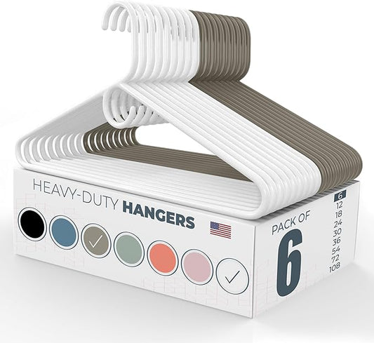 Heavy Duty Clothes Hangers 6 Pack – Made in the USA – 8lb Capacity Plastic Hangers for Adult Clothing – Durable for Pants, Coats, Jackets, or Jeans – White & Gray