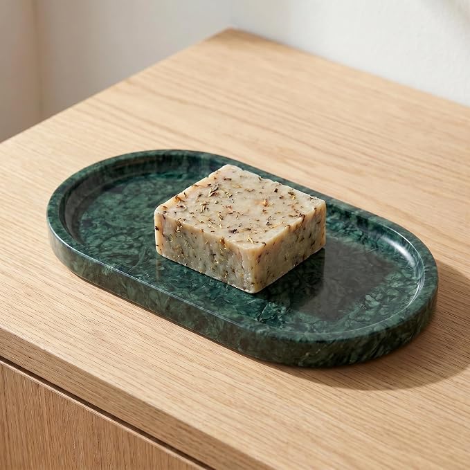 YKAJO Jade Green Oval Marble Tray, 9.8x4.7 Vanity Perfume Organizer Dish | Honed natural stone; jewelry & trinket dish, ring & key holder, soap & candle catchall; bath counter, dresser, coffee table
