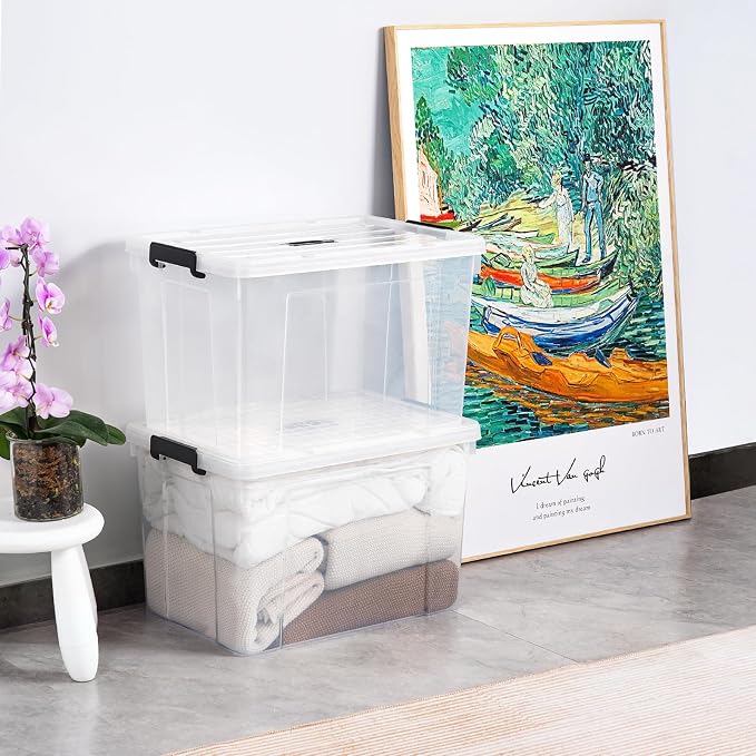 Cetomo Lidded Storage Bin with Handle, Tote Organizing Container with Wheels, Lid and Secure Latching Buckles, Stackable and Nestable, Plastic, 95 Quart-3 Pack, Clear