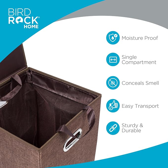 BirdRock Home Single Laundry Hamper with Lid and Removable Liner | Linen | Easily Transport Laundry | Foldable Hamper | Cut Out Handles