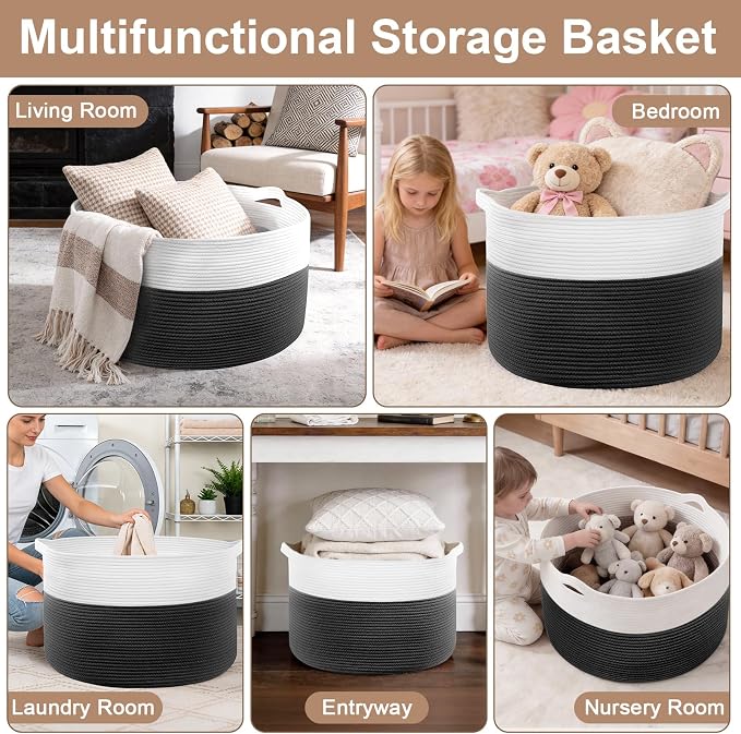 XXXL Large Laundry Basket, 105L Soft Cotton Rope Basket, Blanket Storage and Organizers, Baby Nursery Laundry Hamper, Extra Large Toys Storage Bins for Kids 23.6'' x 14.6'', White & Black