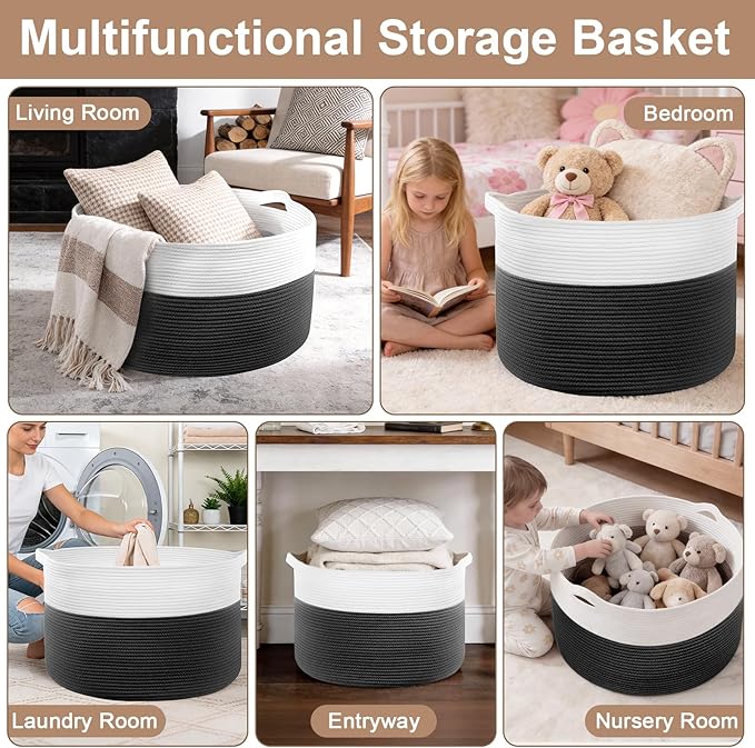 XXL Large Laundry Basket, 90L Soft Cotton Rope Basket, Blanket Storage and Organizers, Baby Nursery Laundry Hamper, Extra Large Toys Storage Bins for Kids 23'' x 13'', White & Black