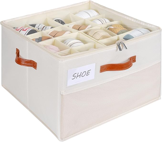 Shoe Organizer for Closet, Shoe Storage Box, Foldable Shoe Box with Adjustable Dividers and Clear Cover, Closet Shoe Organizer Fits up to 16 Pairs, 1-Pack, Extra Storage Pocket for Socks