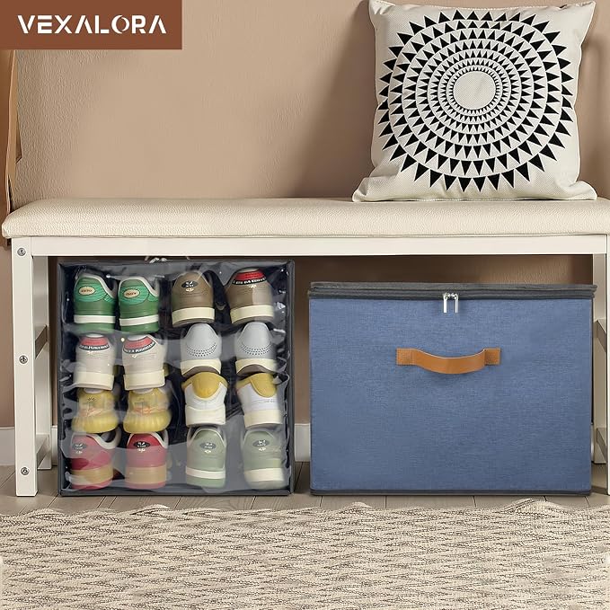 Shoe Organizer for Closet, 2 Pack Shoe Storage Bins with Clear Cover, Adjustable Dividers Fits 16-32 Pairs ShoeBoxes, Organizador de Zapatos, Navy Blue