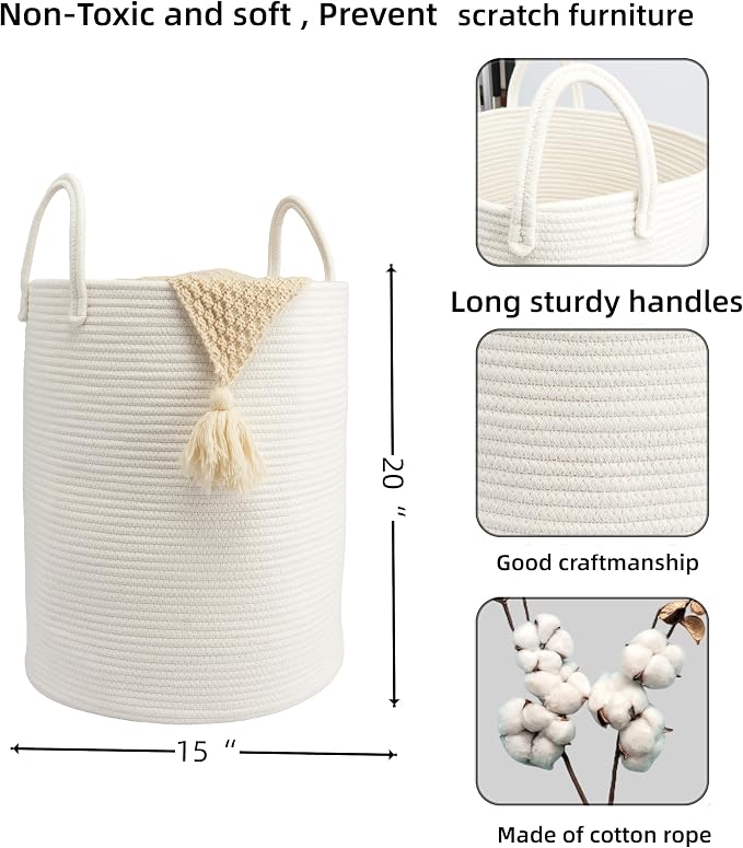 Woven Cotton Rope Laundry basket-15”X20” Laundry Hamper-Rope Storage Basket for Dirty Clothes, Toys and Blankets Perfect for Bathroom, Baby nursery and Living Room Storage (white)