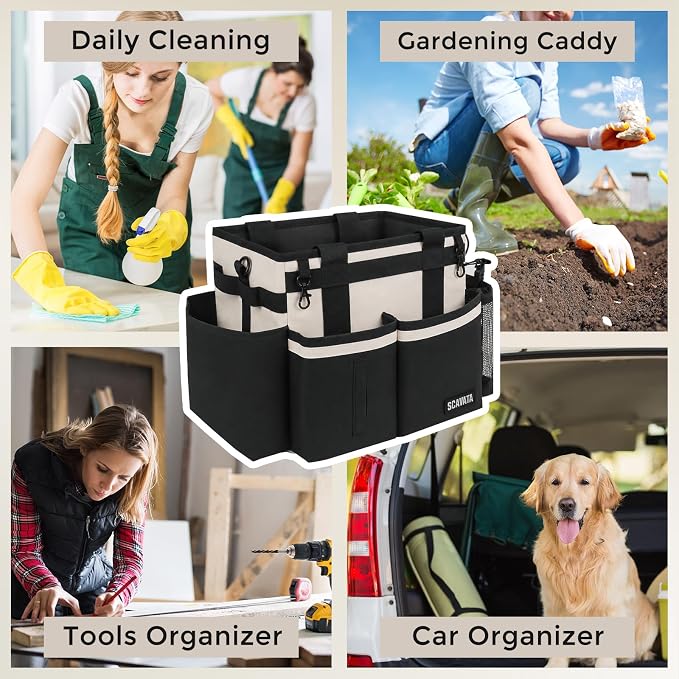 SCAVATA Compact Wearable Cleaning Caddy, Small Cleaning Supplies Organizer with Handle & Shoulder Straps for Housekeepers, under Sink & Car Cleaning Tool Organizers Bag, Cream White