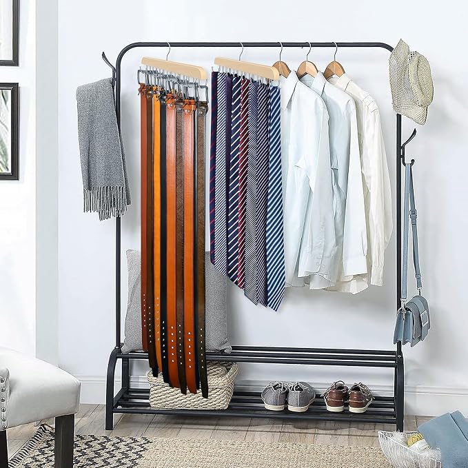 Belt Hanger for Closet Max 42 Belts, Sturdy Wood Belts Rack Closet Accessories with 14 Hooks Belt Organizer for Men Organizers and Storage -Wood 1 Pack