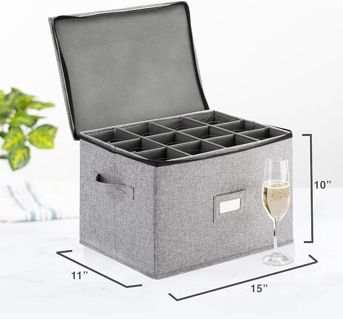 Champagne Flute Storage Box - Hard Shell China Storage Holds 12 Stemware Glasses - Protects Flutes, Crystal Glass, Wine Glasses and Fine China - Stackable - Fully Padded Inside