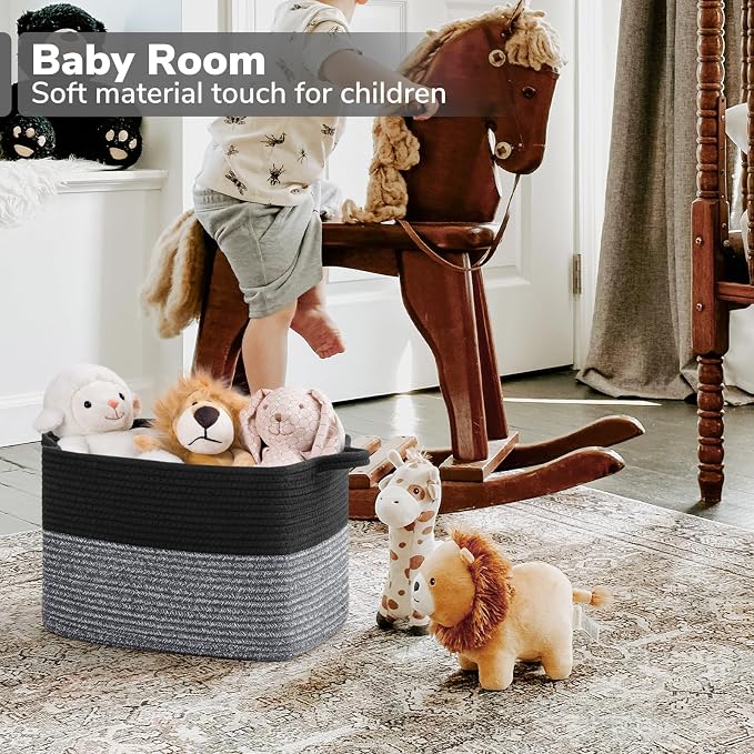 Goodpick Woven Storage Baskets for Organizing, Cotton Rope Organizer for Living Room, Closet Storage Bins for Toys Books, Rectangle Laundry Basket with Handles, 13"x10"x9", Black & Gray
