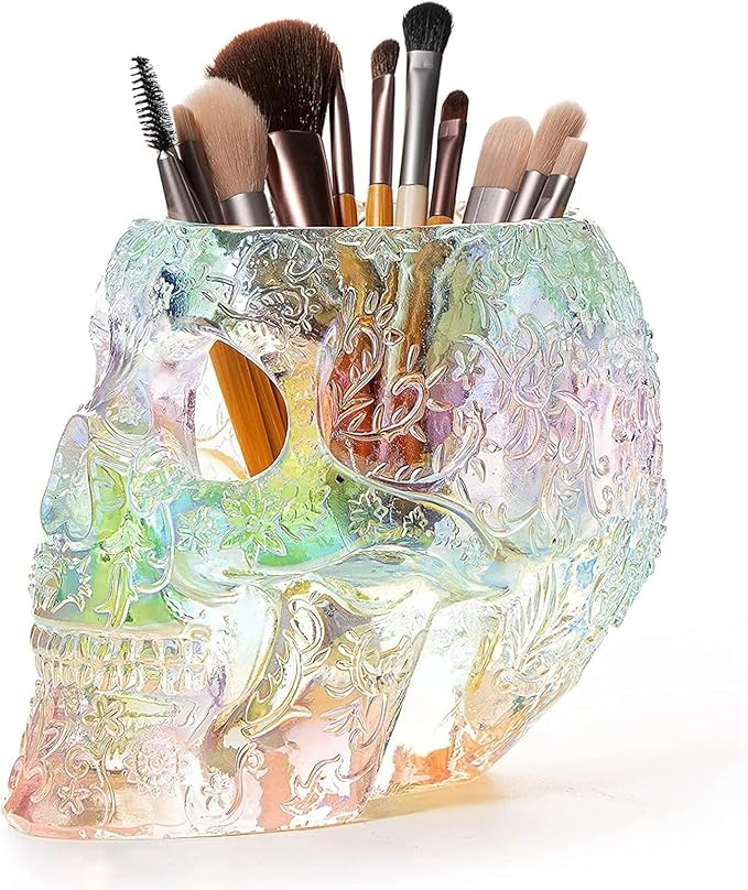 Skull Makeup Brush Holder, Pen Holder, Vanity, Desk, Office Organizer, Stationary, Decor Planter, Candy Bowl, Goth Decorations, Extra Large, Skulls Gothic Skull & Bones Organizer Bathroom (iridescent)