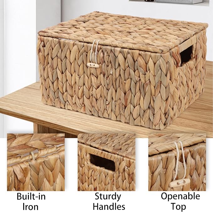 Moosky Wicker Shelf Baskets with Lid, Rectangular Storage Basket Bins with Built-in Handles Handwoven Home Organizer Decor Boxes (Natural, Small)
