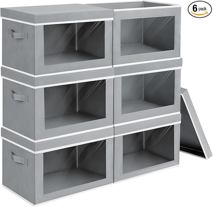 Homsorout Large Storage Baskets with Lids - Stackable Cube Bins for Closet, 6 Pack Grey Windows Organizer Bins, Home Organizers and Storage for Clothes, CD, Towels