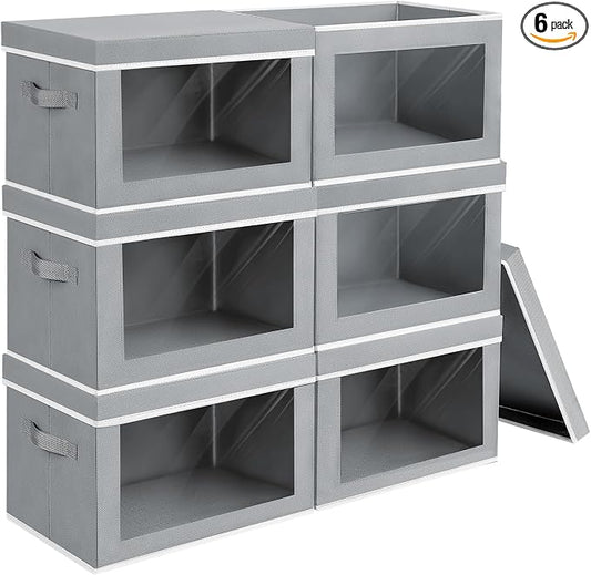 Homsorout Large Storage Baskets with Lids - Stackable Cube Bins for Closet, 6 Pack Grey Windows Organizer Bins, Home Organizers and Storage for Clothes, CD, Towels