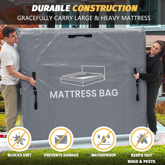 Mattress Bags for Moving and Storage, BETU Waterproof Mattress Protector Mattress Cover Cal King with 8 Heavy Duty Handles & Zipper Extra Thick Moving Supplies for Bed (86x75x13.5 Grey)