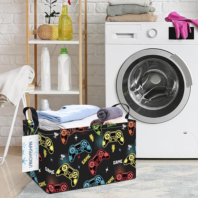 Rectangular Collapsible Game Storage Basket Nursery Toy Organizer | Storage Bin Foldable Canvas with Handles for Organizing Home Kitchen Children Toys Office Closet Shelf Baskets