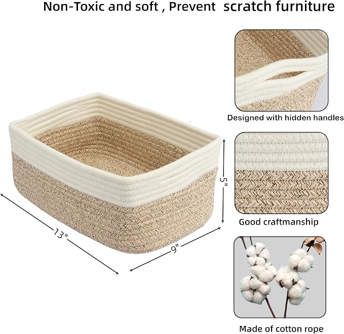 XUANGUO Small Woven Storage Baskets 13“X9”X5“ Decorative Rope Bins for Organizing Shelves, Closets, and Toys, Empty Gift Baskets, Cute Organizer Basket for Home and Office (white and brown, Large)